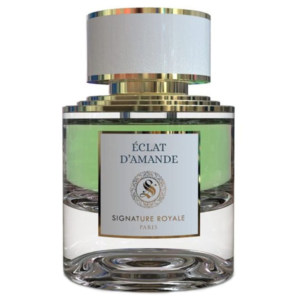 Glasflakon mit goldfarbenem Deckel und weißem Verschluss. Produktname und Logo auf dem Etikett.