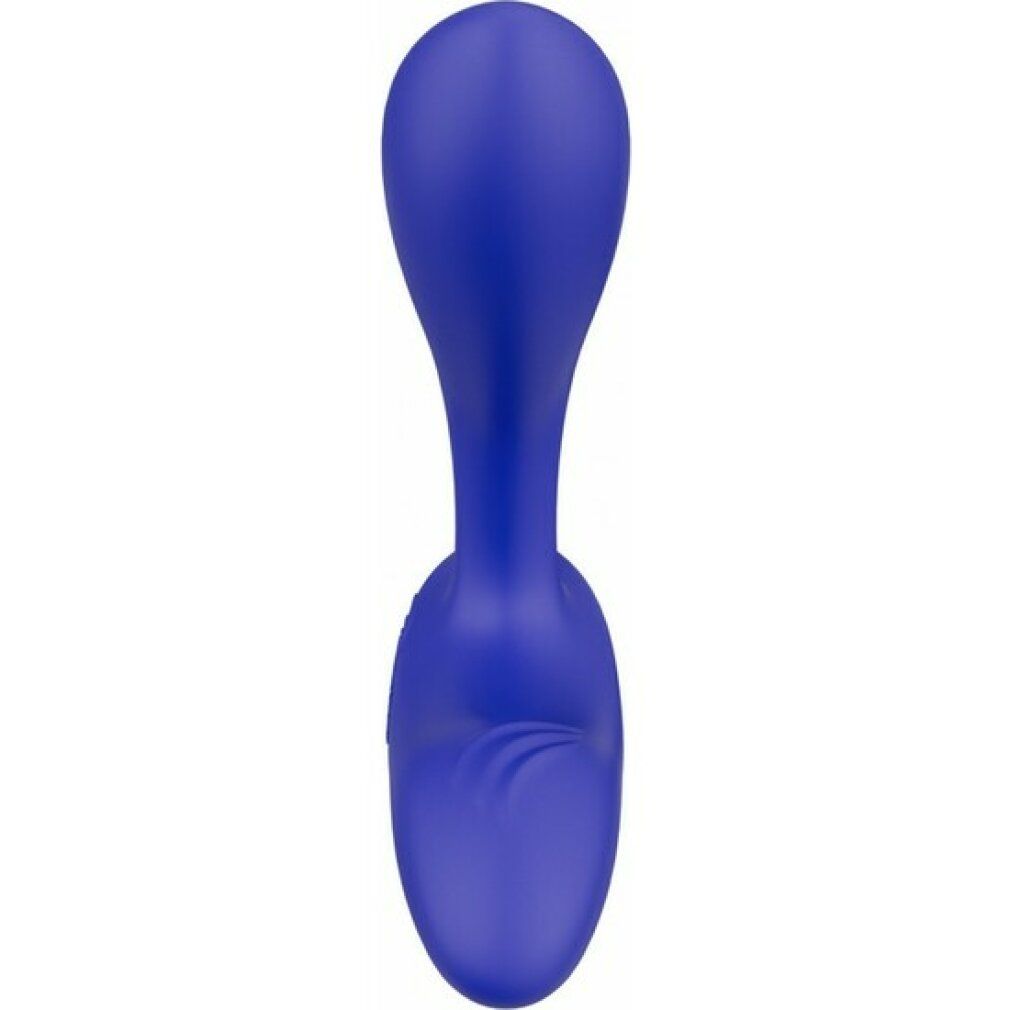 Blauer Analvibrator. Längliche Form mit zwei abgerundeten Enden, verbunden durch einen schmalen Stiel.
