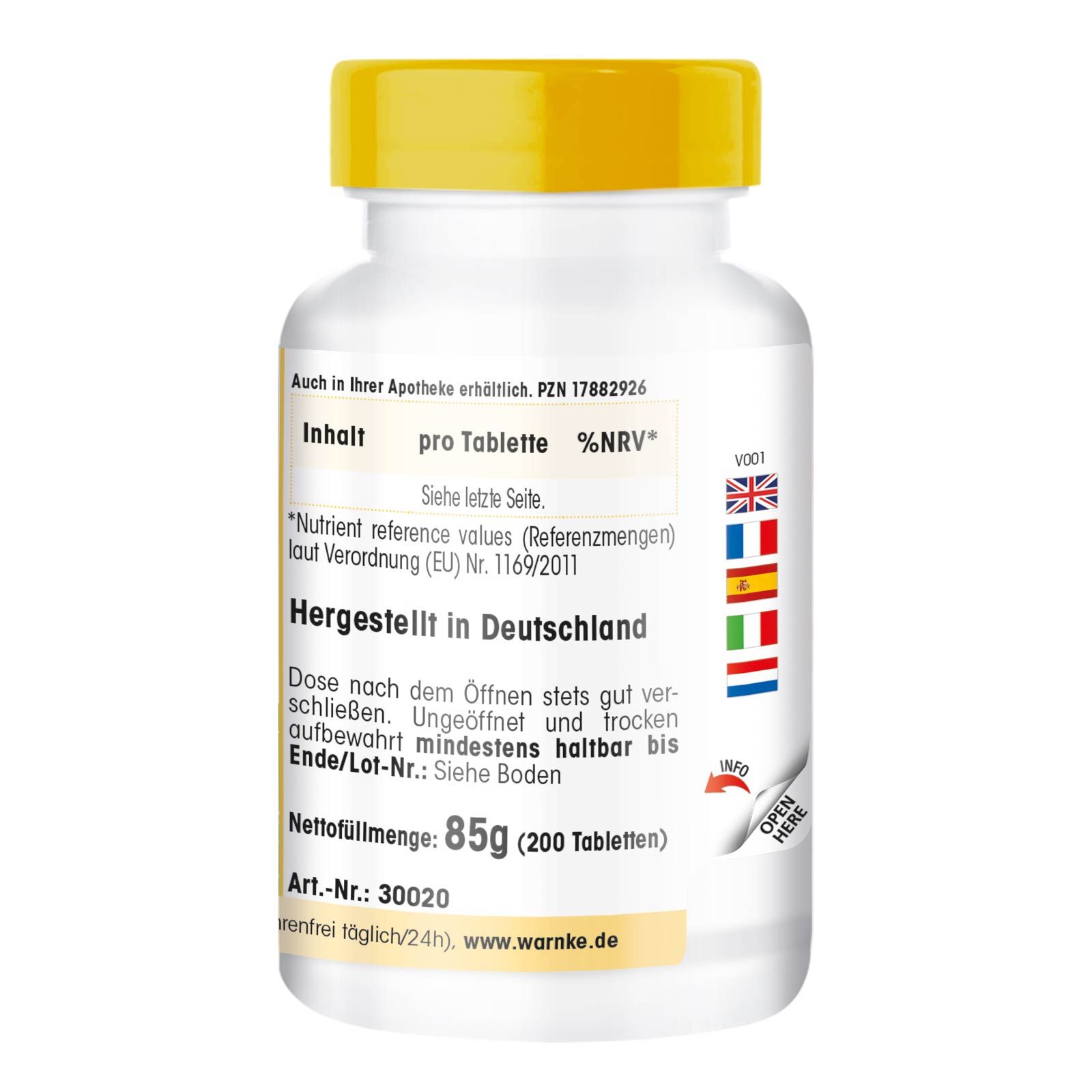 Rückseite der Pillenflasche. Text: Inhalt pro Tablette, hergestellt in Deutschland, Nettomenge 85g (200 Tabletten).