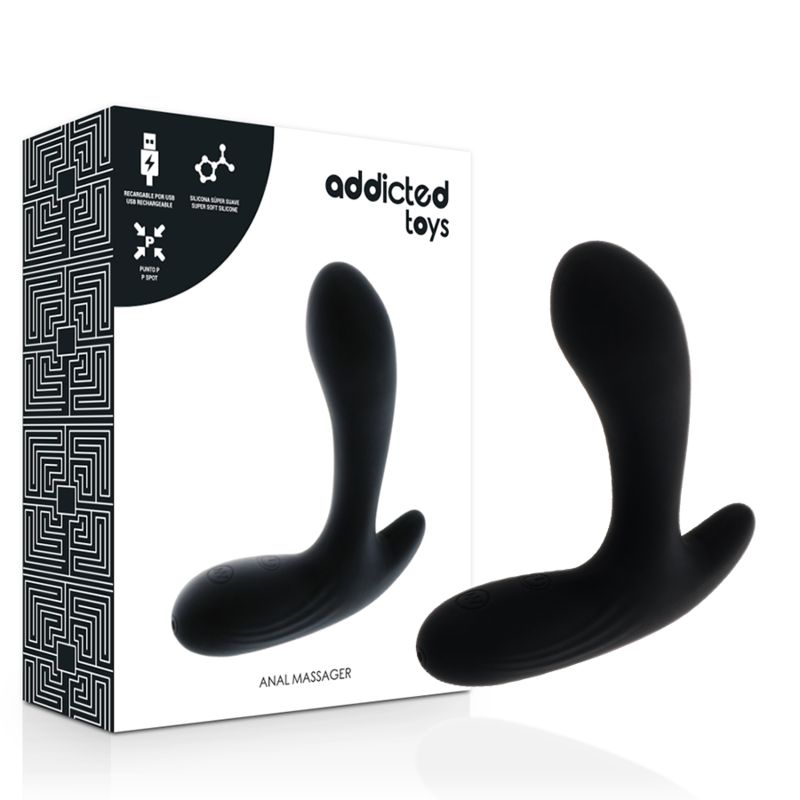 Schwarzer Analvibrator. Zwei Teile, gebogen. Aufschrift: Addicted Toys. Verpackung mit Labyrinthmuster und Produktinformationen.