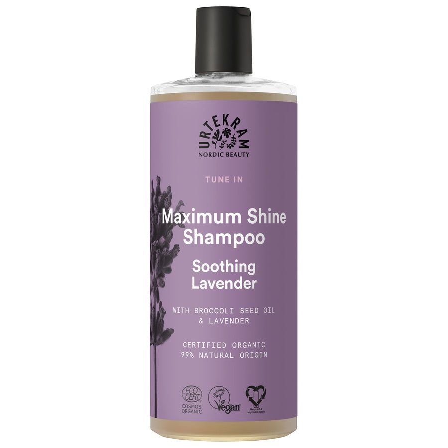 Urtekram Shampoo-Flasche, Soothing Lavender. Lila Etikett, schwarzer Deckel. Logos: Cosmos Organic, Vegan, Herz.