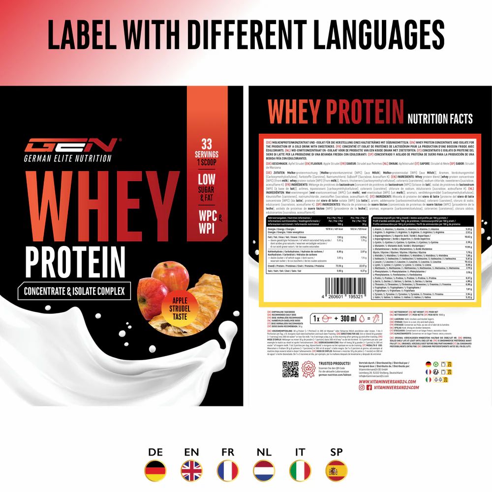 GEN Whey Protein Komplex-Beutel. Vorder- und Rückseite. Text in verschiedenen Sprachen. Apfelstrudel-Geschmack. Nährwertangaben. Flaggen: DE, EN, FR, NL, IT, SP.