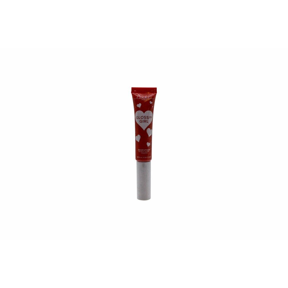 Rote Lipgloss-Tube mit weißem Applikator. Auf der Tube steht "GOSSIP GIRL" und Herzen.