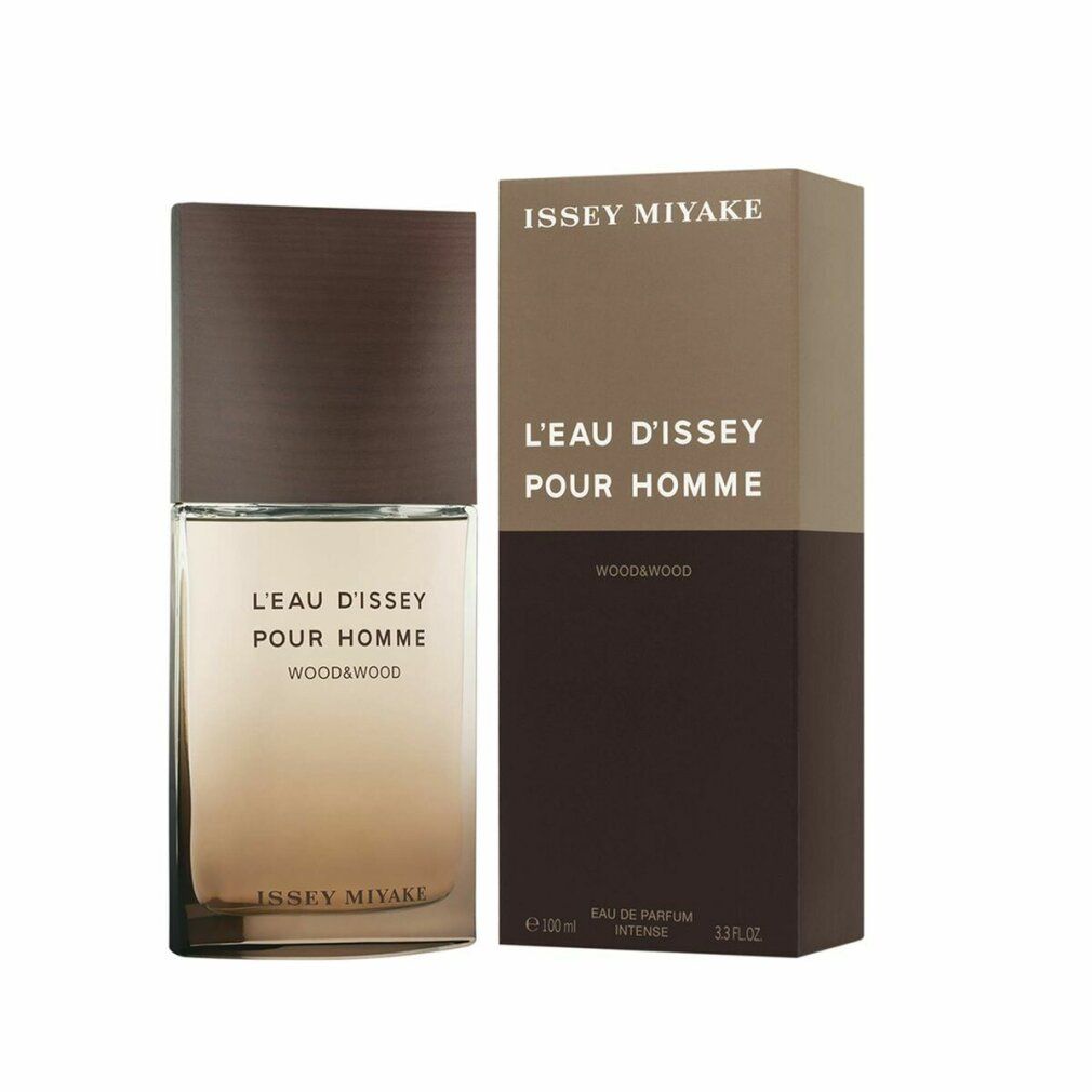 Parfümflasche und Verpackung. Aufschrift: L'Eau d'Issey Pour Homme Wood & Wood. Marke: Issey Miyake.
