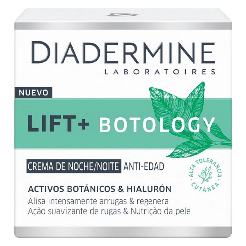 Creme-Verpackung. Diadermine Lift+ Botology Anti-Falten-Nachtcreme. Weißer Tiegel mit grünen und schwarzen Schriftzügen. Blätter-Illustration.