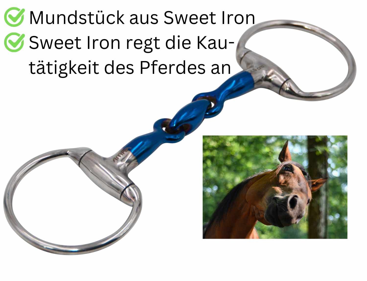 Doppelt gebrochene Trense mit blauem Mittelstück. Text: Mundstück aus Sweet Iron, Sweet Iron regt die Kautätigkeit des Pferdes an. Pferd im Hintergrund.