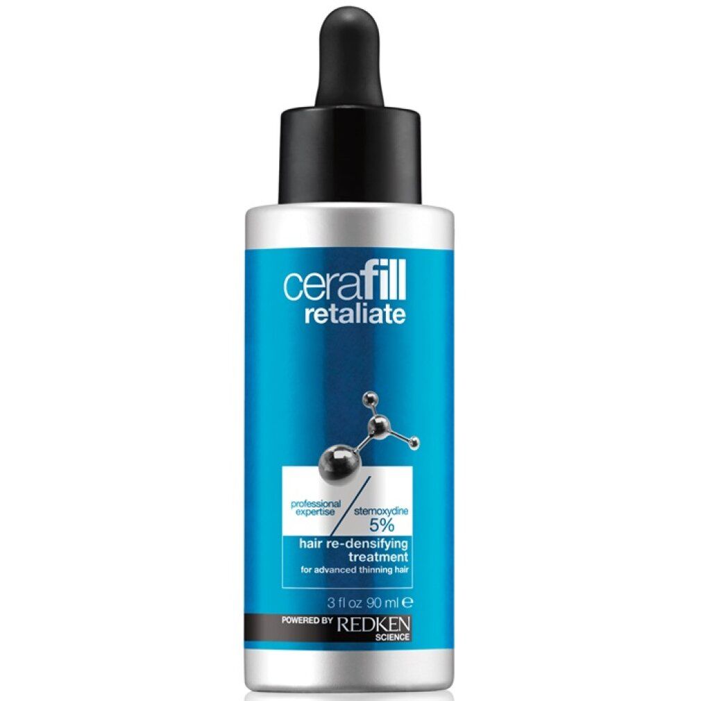 Blau-silberne Flasche mit schwarzem Deckel und Pipette. Aufschrift: Cerafill Retaliate, 5% Stemoxydine, Redken.