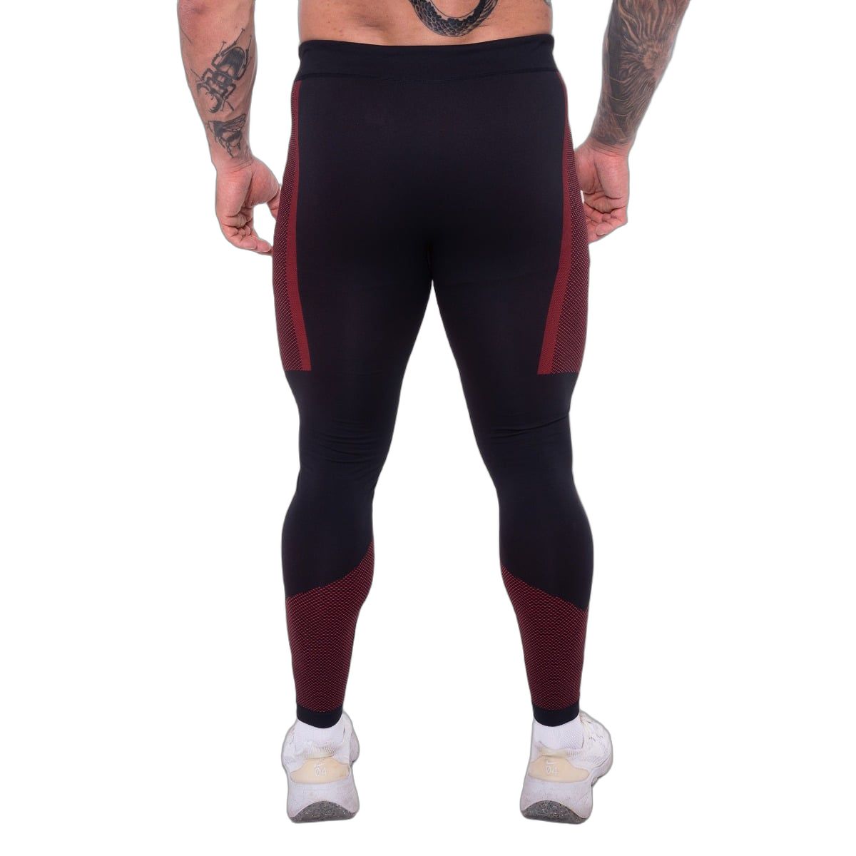 Herren-Leggings, schwarz mit roten Akzenten, Rückansicht.