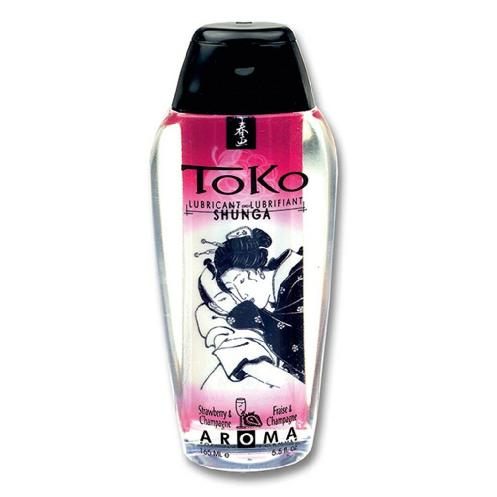 Lubrikant-Flasche mit schwarzem Deckel, rosa Etikett mit Illustration. Aufschrift: Aroma, Erdbeer & Champagner.