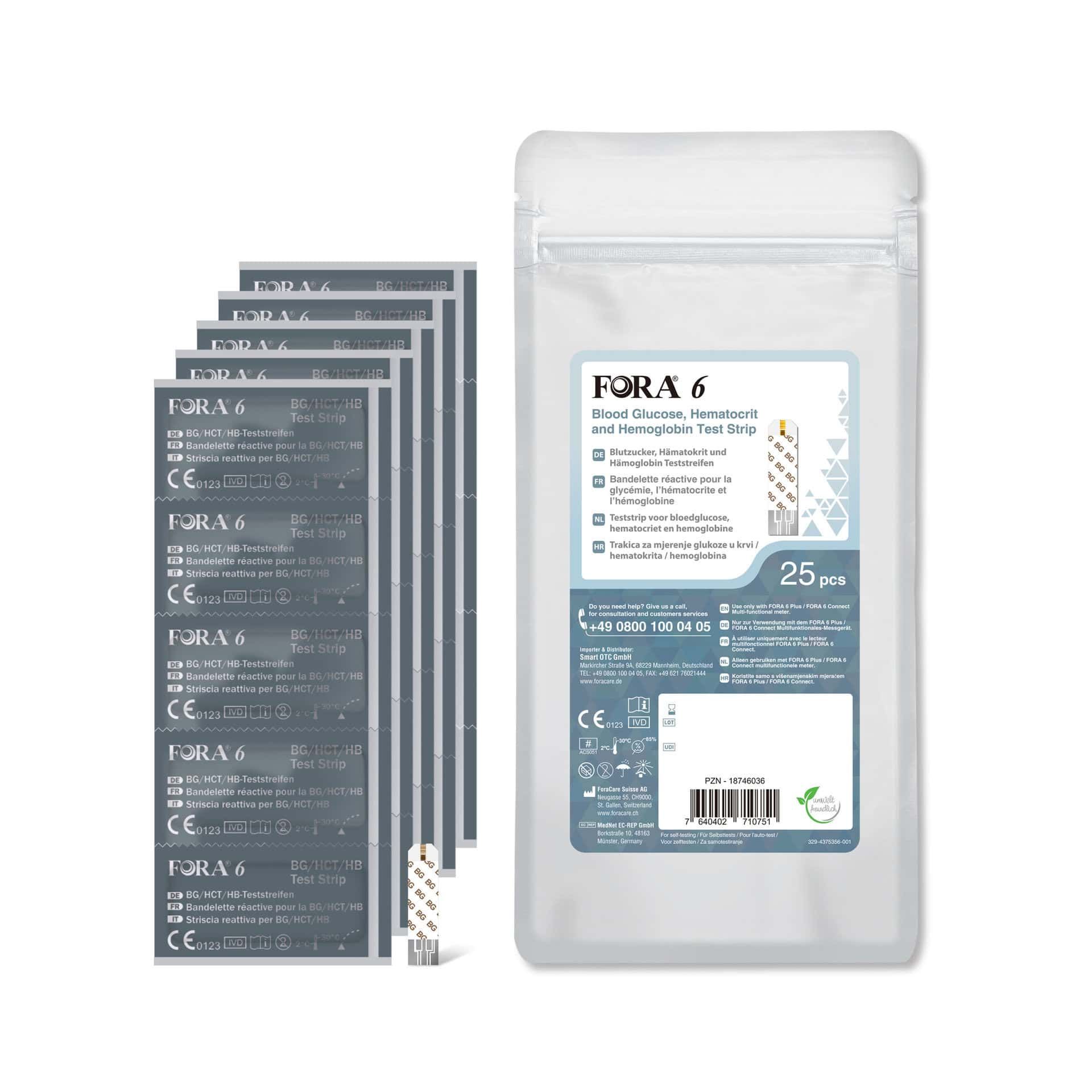 Packung FORA 6 Blood Glucose, Hematocrit & Hb Test Strip mit 25 Teststreifen und fünf Einzelverpackungen.