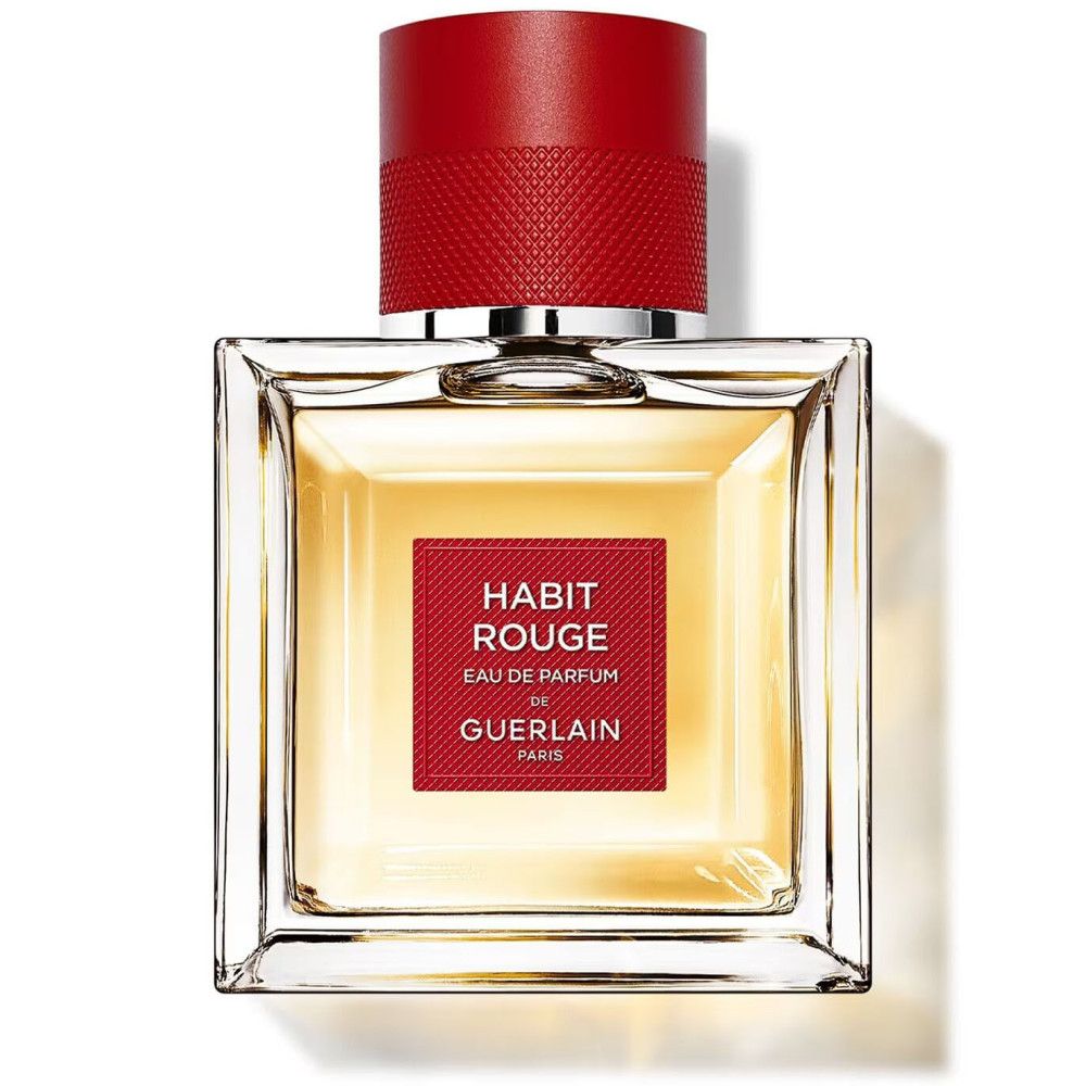 Quadratischer Flakon mit rotem Verschluss und Etikett. Aufschrift: Habit Rouge Eau de Parfum von Guerlain Paris.