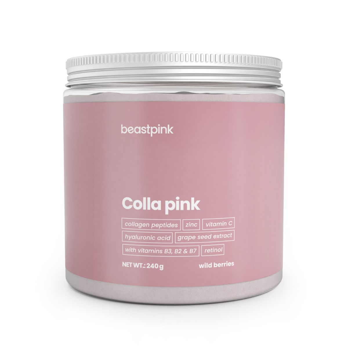 Rosa Dose mit 'Colla pink' Aufschrift, 240g Nettofüllmenge, Wildbeeren-Geschmack.
