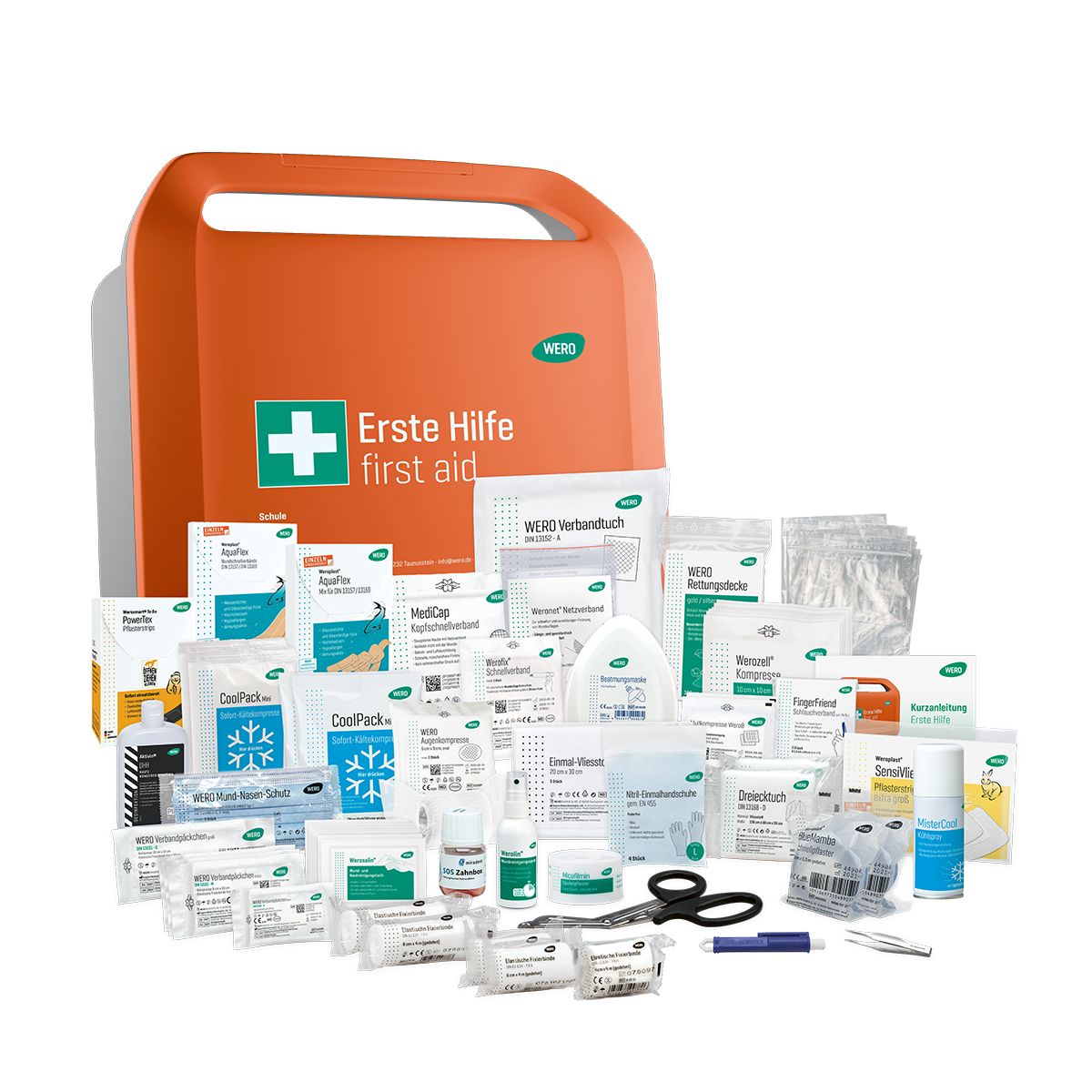 Erste-Hilfe-Koffer, orange, geöffnet, mit zahlreichen medizinischen Artikeln. Marke WERO.