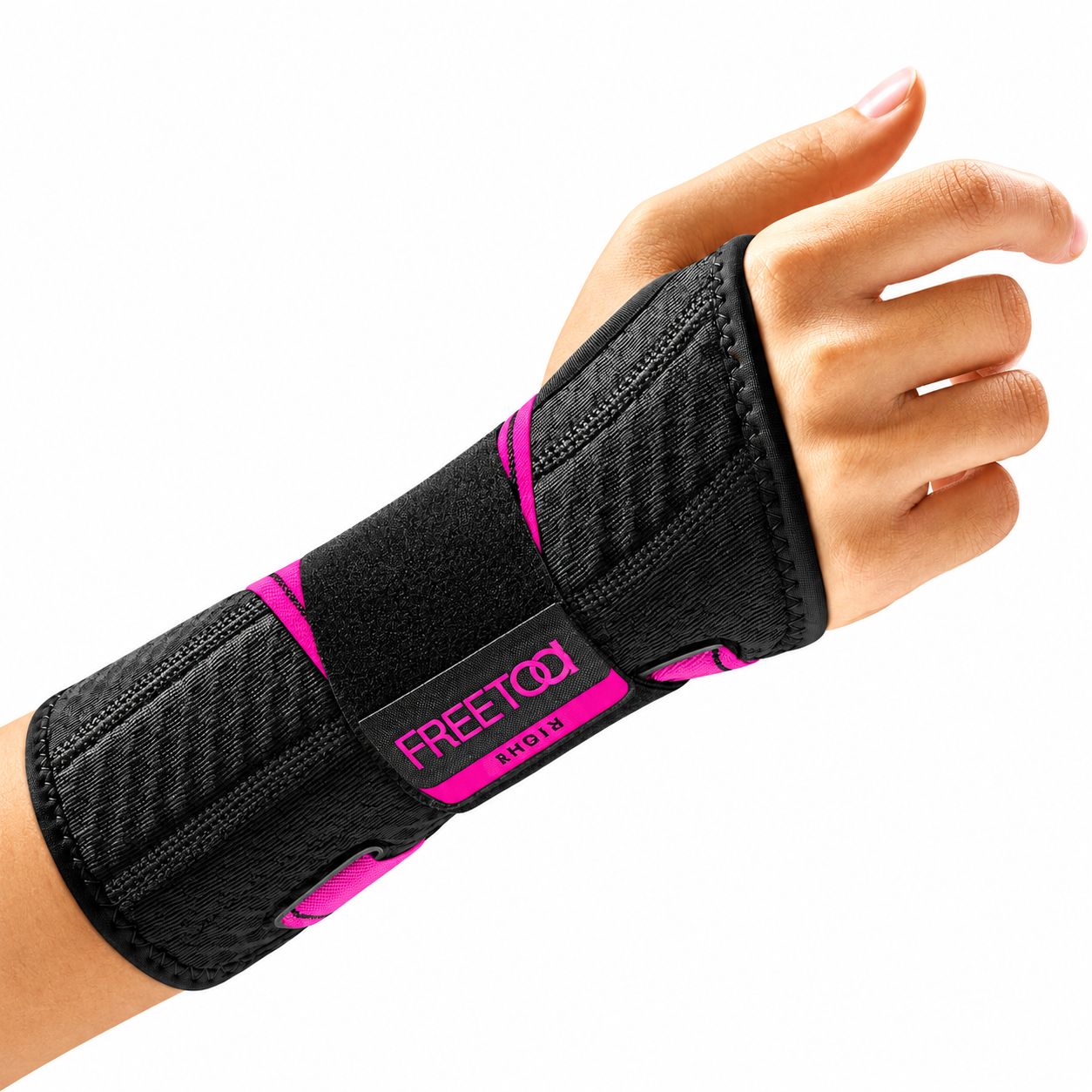 Schwarze Handgelenkbandage mit pinken Akzenten und dem Logo 'FREETOO'.