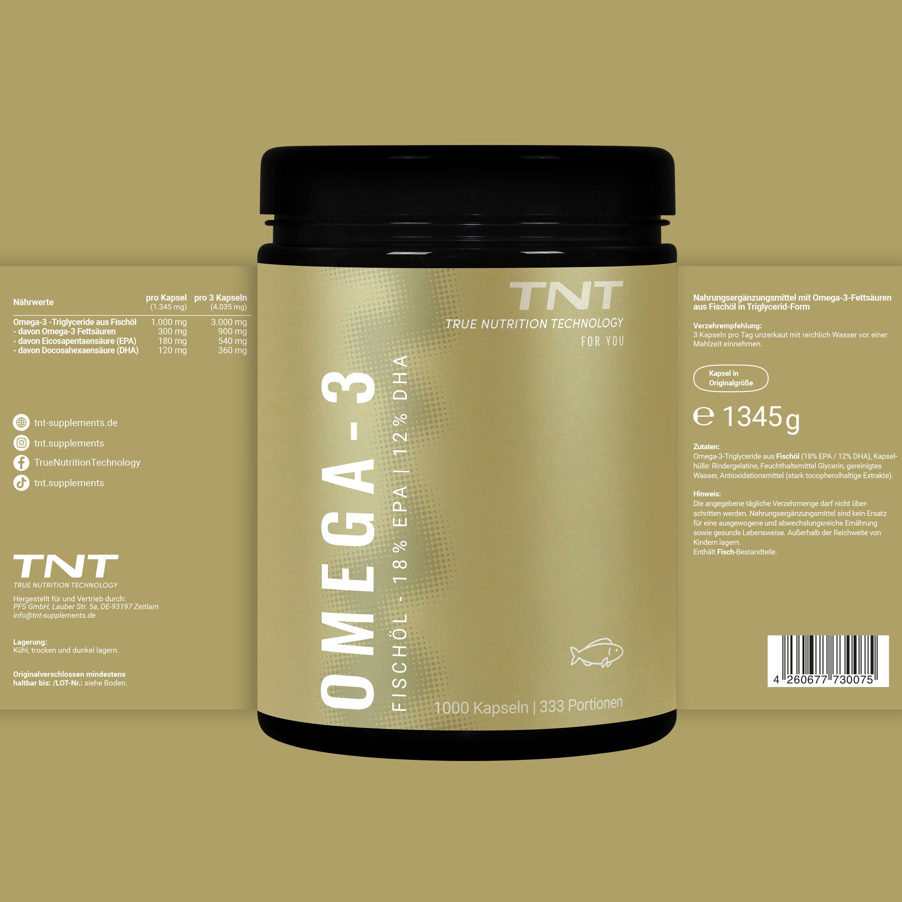 TNT Omega-3 Fischöl Kapseln, 1000 Kapseln, 333 Portionen. Produktinformationen und Barcode.