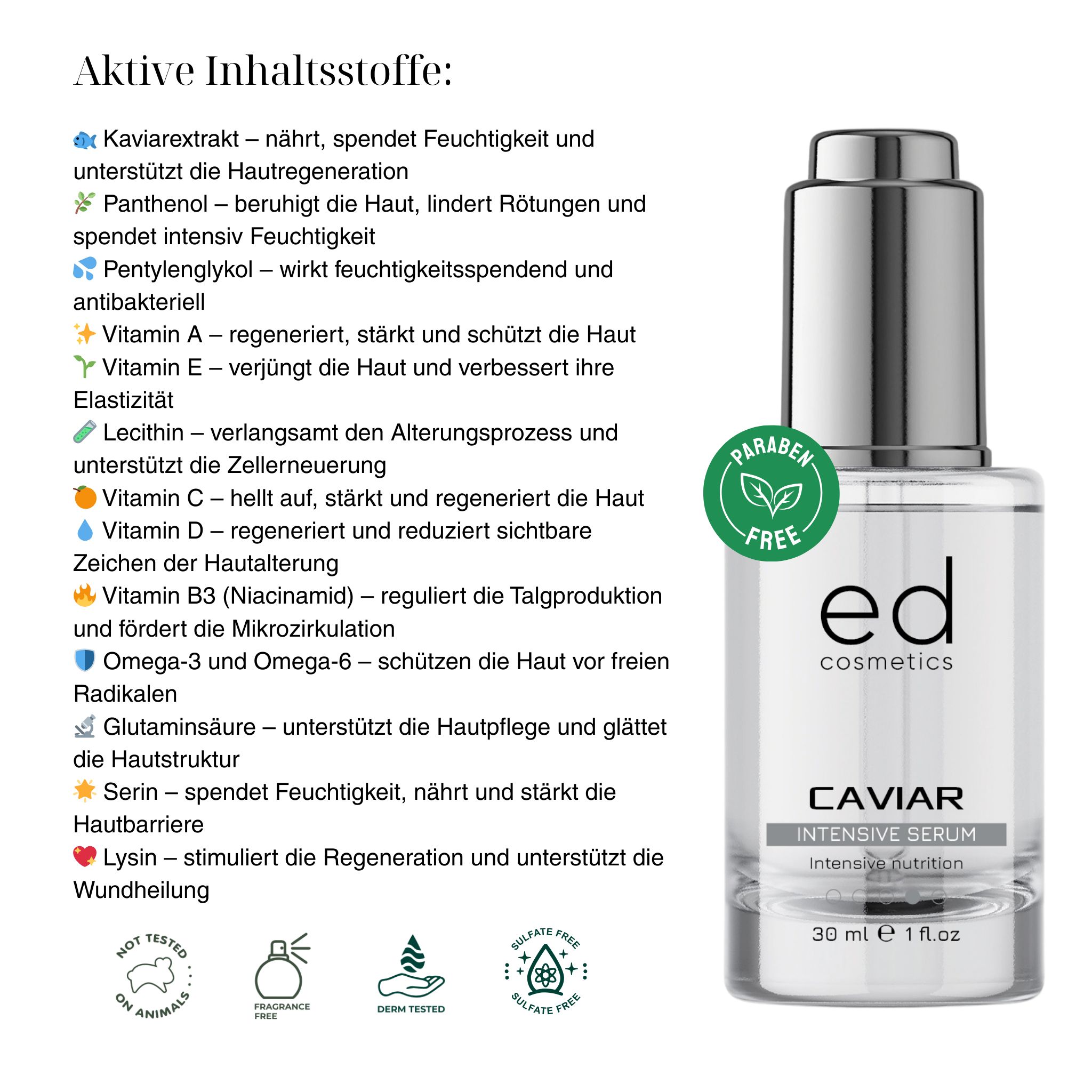 ED COSMETICS Caviar Intensiv Serum– regenerierendes  KONZENTRAT zur Pflege reifer und trockener Haut