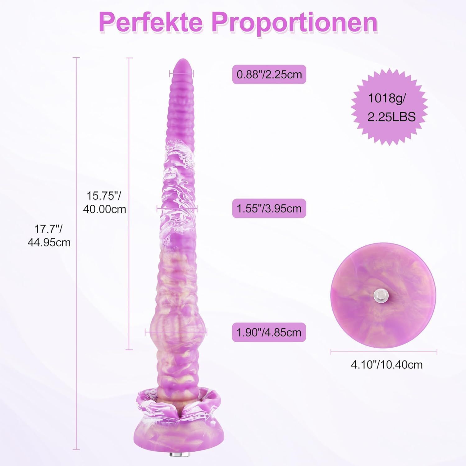 Lila-weißer Dildo mit Saugnapf, mit detaillierten Ansichten der Textur und Basis.