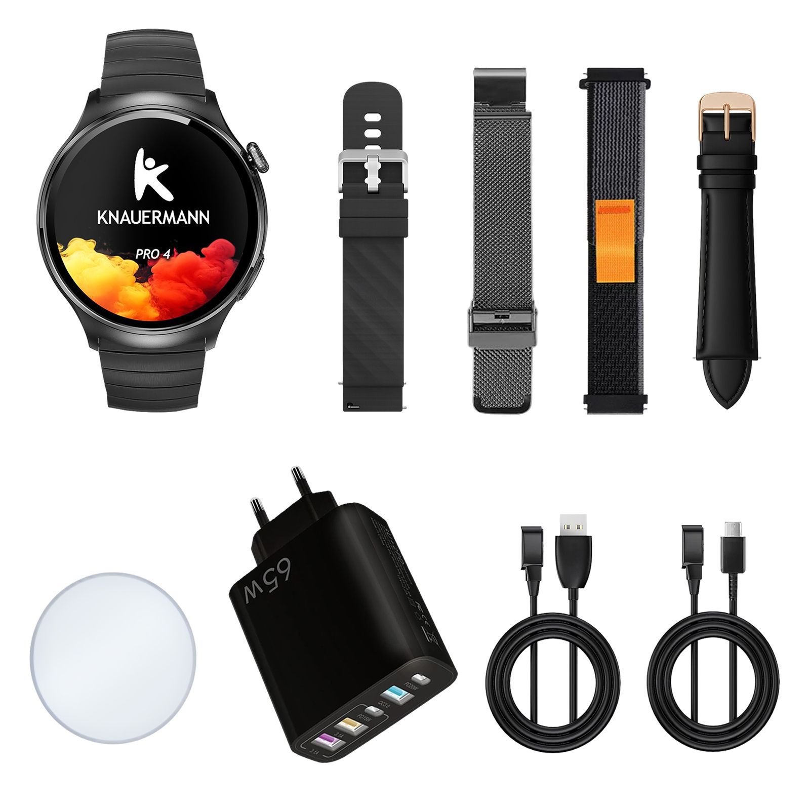 Knauermann PRO 4 Smartwatch mit Zubehör: Uhr, 4 Armbänder, Ladeadapter, 2 Ladekabel, Displayschutz.