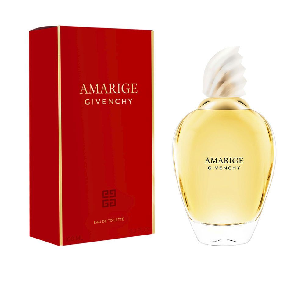 Givenchy Amarige Eau de Toilette Set: Rote Box mit goldener Schrift und ein Eau de Toilette Flakon.