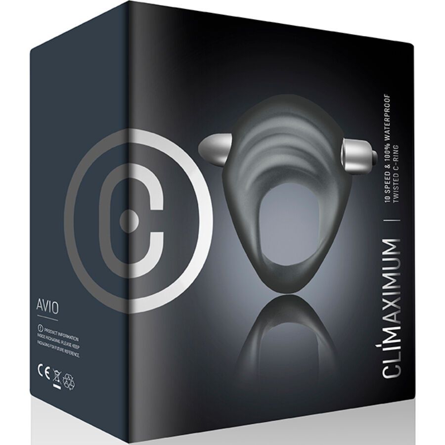 Produktverpackung mit dem Produkt. Aufschrift: Climaximum, Avio, 10 Speed & 100% Waterproof Twisted C-Ring. CE-Zeichen.