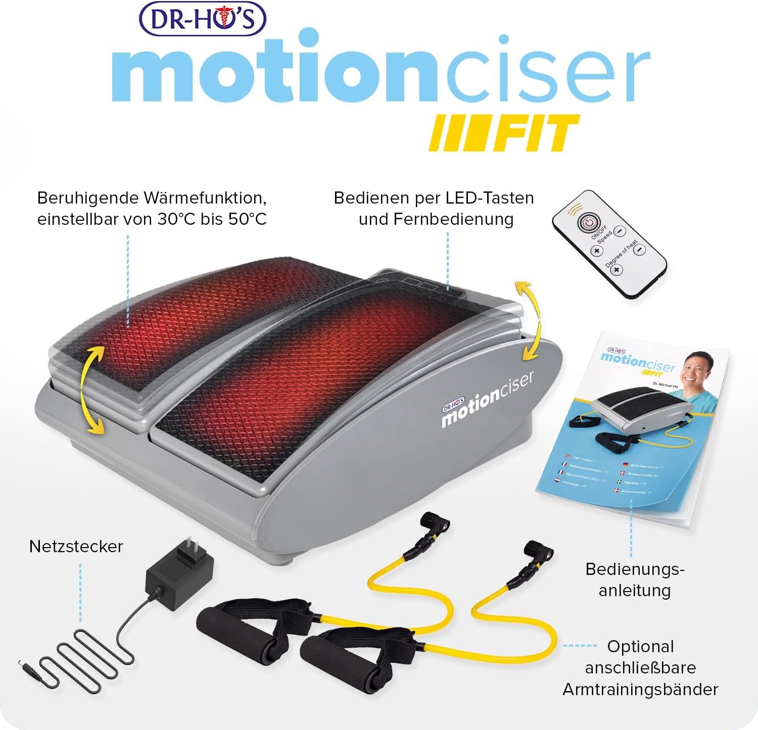 DR-HO'S MotionCiser Fußmassagegerät mit Wärmefunktion (30-50°C), Fernbedienung und Trainingsbändern.