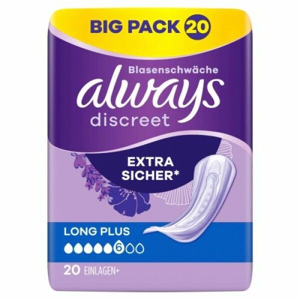 Packung Always Discreet Inkontinenzeinlagen. Aufschrift: BIG PACK 20, Blasen-schwäche, EXTRA SICHER, LONG PLUS. 20 Einlagen+ abgebildet.