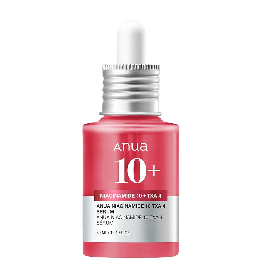 Anua Niacinamide 10%+TXA 4% Serum in roter Glasflasche mit Pipettenverschluss.