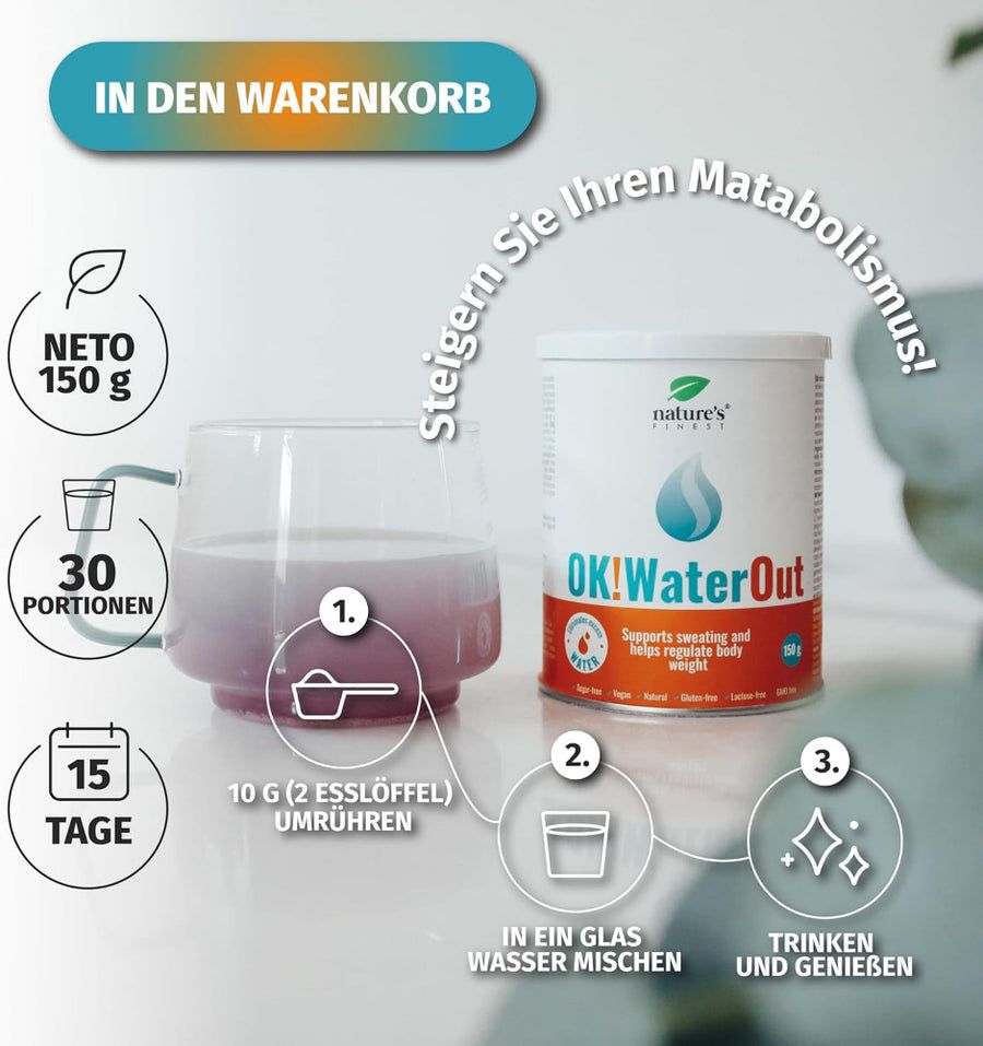 Glas mit lila Flüssigkeit, Dose OK!WaterOut. Text: 30 Portionen, 15 Tage. 10g umrühren, in Wasser mischen, genießen.
