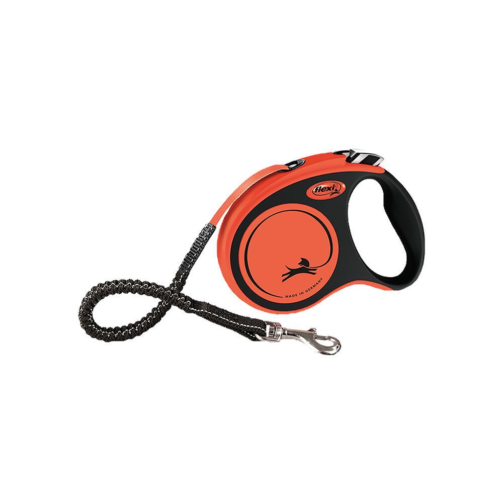 Flexi-Leine in Orange und Schwarz. Schwarzer Gurt, Karabinerhaken und Griff. Auf der Seite ist ein springender Hund abgebildet.