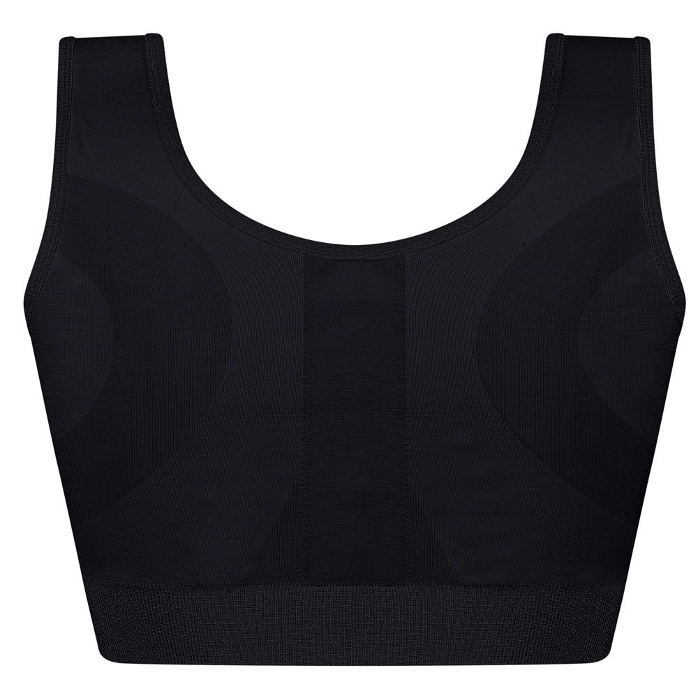 Rückansicht eines schwarzen BHs. Das Design umfasst eine breite Unterbrust und verstärkte Bereiche für Halt.