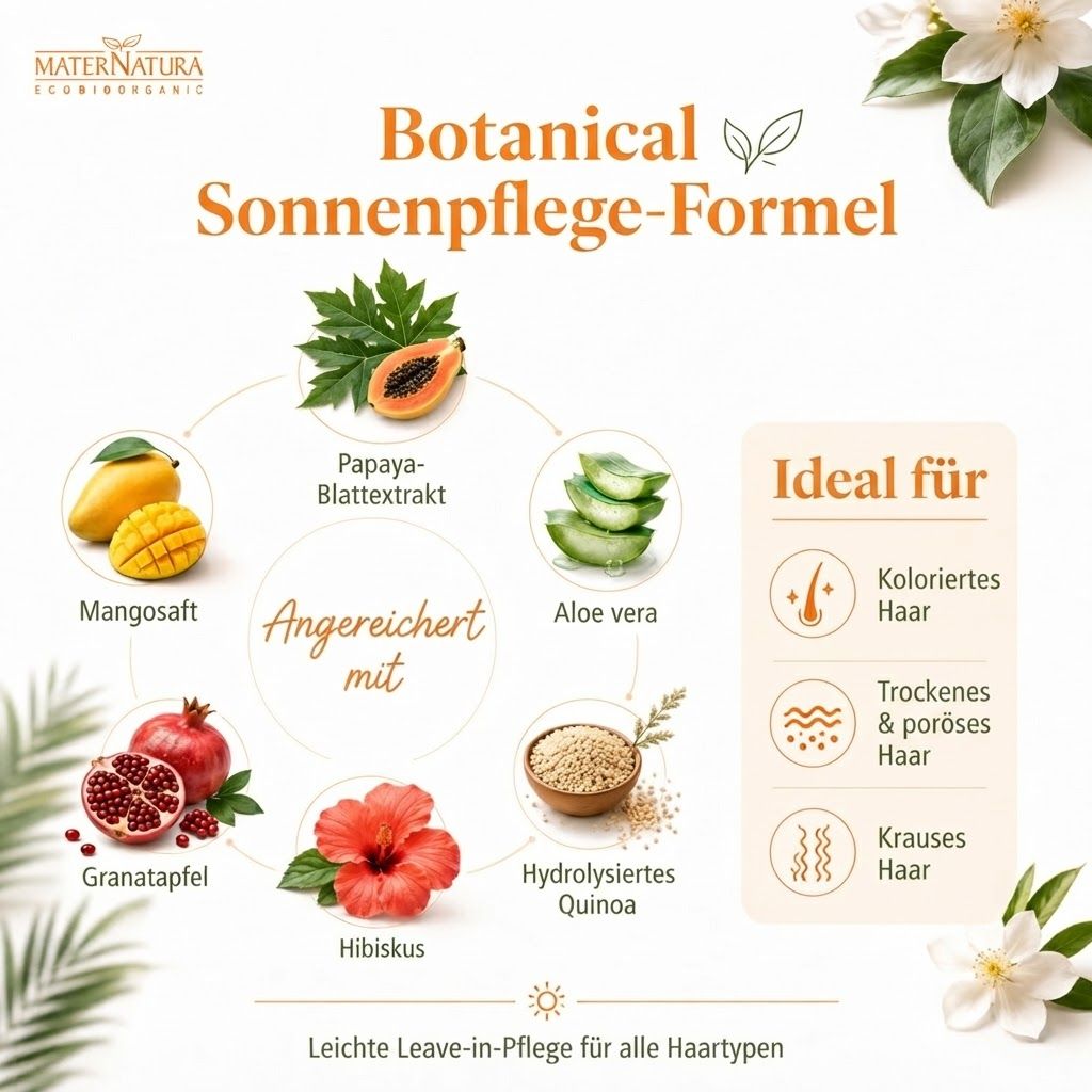 Infografik: Botanische Sonnenpflege-Formel mit Mango, Papaya, Granatapfel, Hibiskus, Aloe Vera und Quinoa.