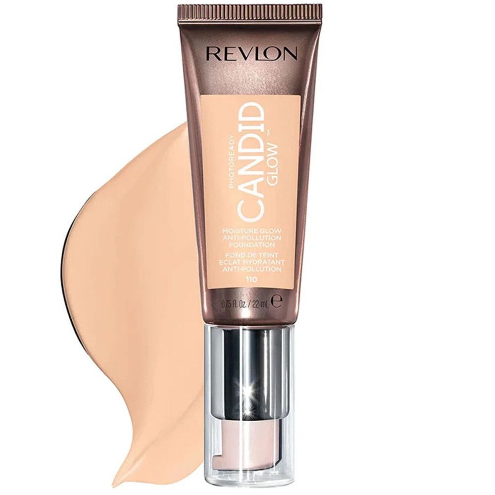 Revlon PhotoReady Candid Glow Foundation. Beige Tube mit Produkt und Farbklecks. Text: CANDID GLOW, Anti-Verschmutzung.