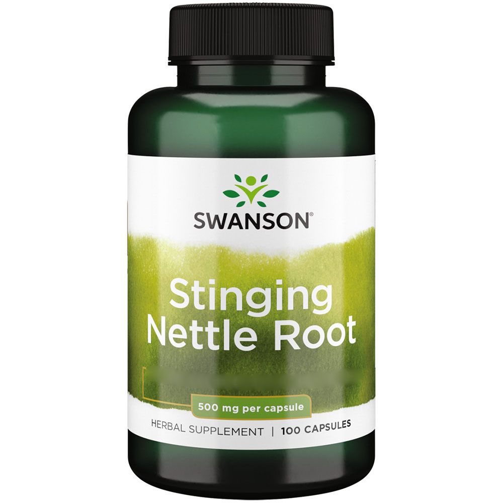 Grüne Flasche mit schwarzem Deckel. Aufschrift: SWANSON, Stinging Nettle Root, 500 mg pro Kapsel, Herbal Supplement | 100 Kapseln.