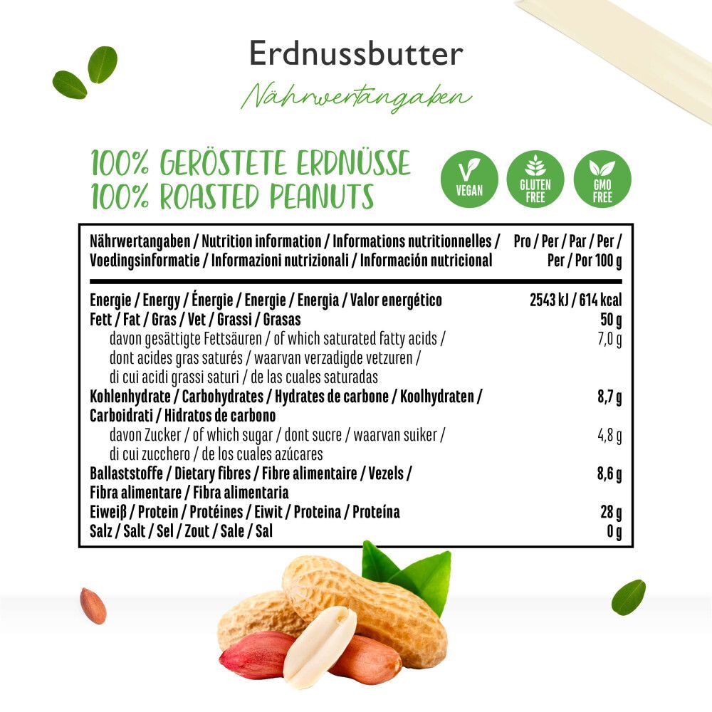 Nährwertangaben für Erdnussbutter. Text: 100% geröstete Erdnüsse, vegan, glutenfrei, GMO-frei. Pro 100g: 50g Fett, 8,7g Kohlenhydrate, 28g Eiweiß.