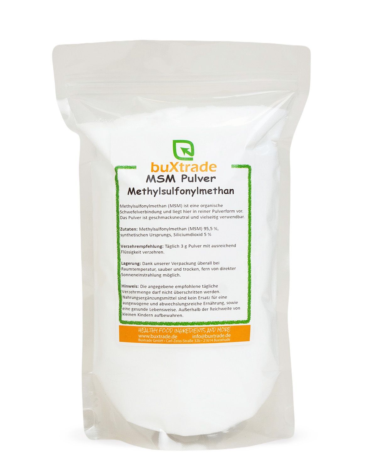 Bequeme Standbodenbeutel mit buXtrade MSM Pulver, Methylsulfonylmethan. Enthält Produktinformationen.