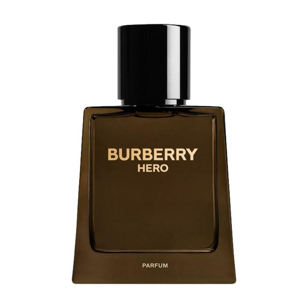 Burberry Hero Parfum. Braune Flasche mit schwarzem Deckel. Goldener Schriftzug: Burberry Hero Parfum.