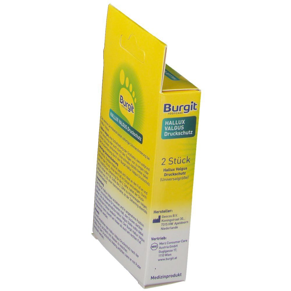 Burgit Hallux Valgus Druckschutz Verpackung. Gelbe Schachtel mit Produktlogo und Text. 2 Stück. Medizinprodukt.