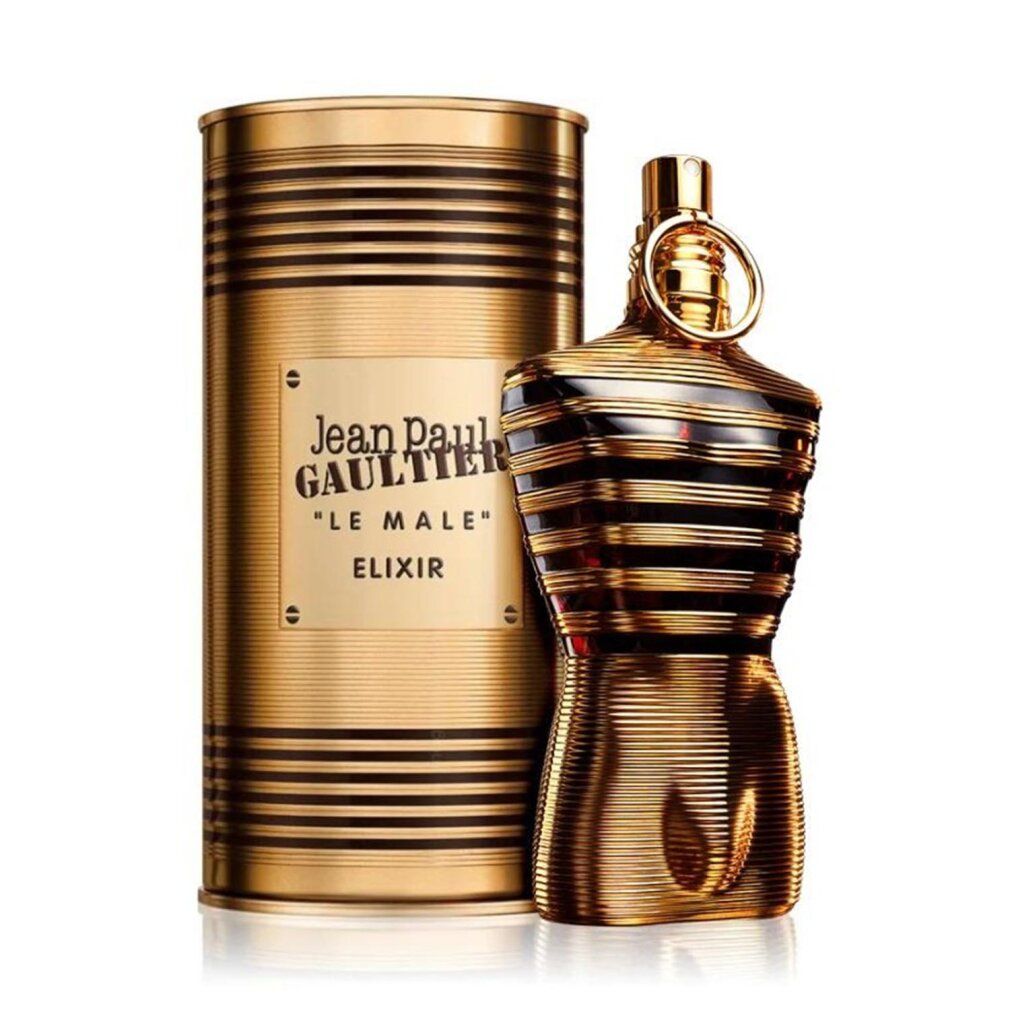 Goldfarbener Flakon in Form eines Oberkörpers und zylindrische Verpackung. Auf der Verpackung steht "Jean Paul Gaultier Le Male Elixir".
