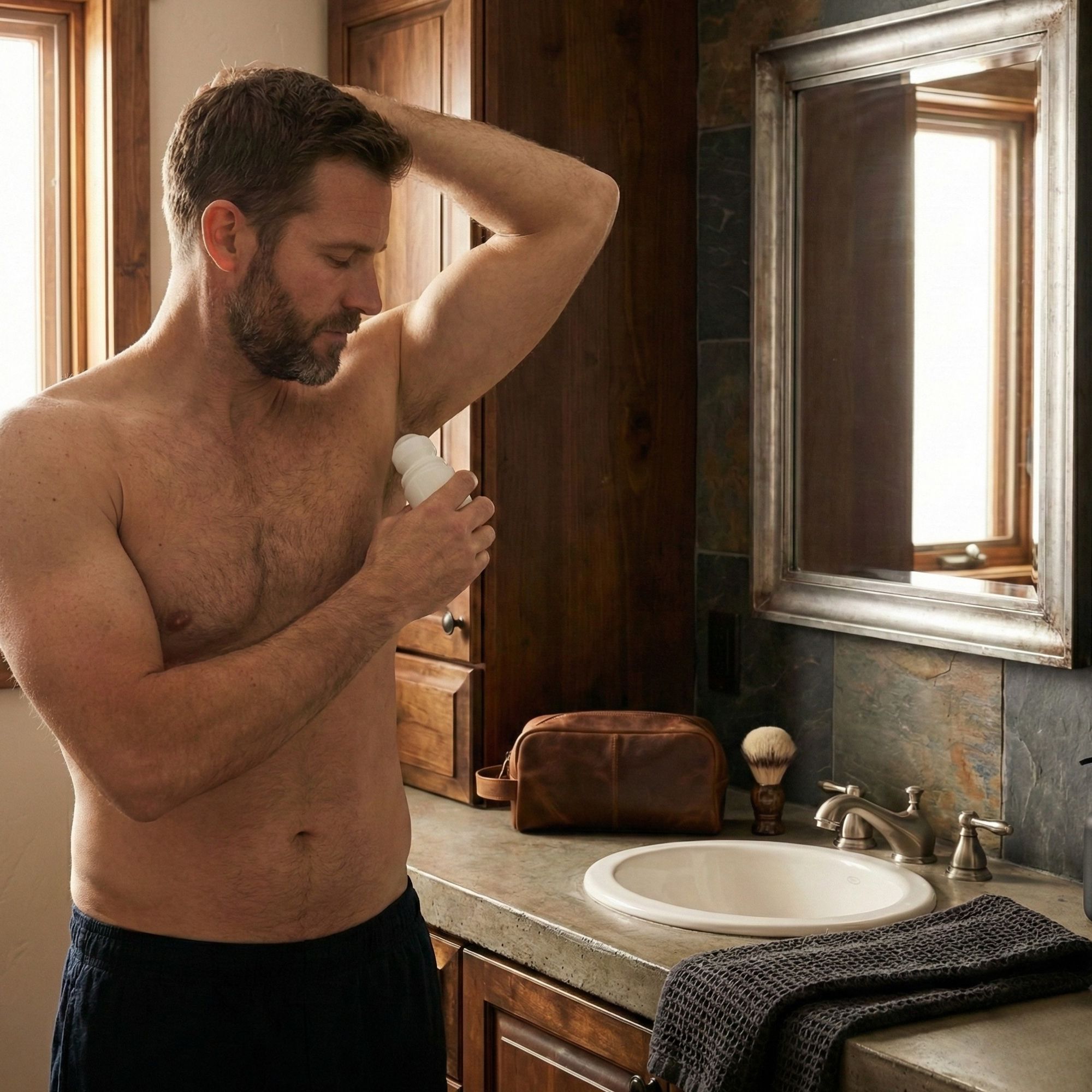 Mann benutzt weißen Roll-On-Deo. Badezimmerhintergrund mit Spiegel und Waschbecken.