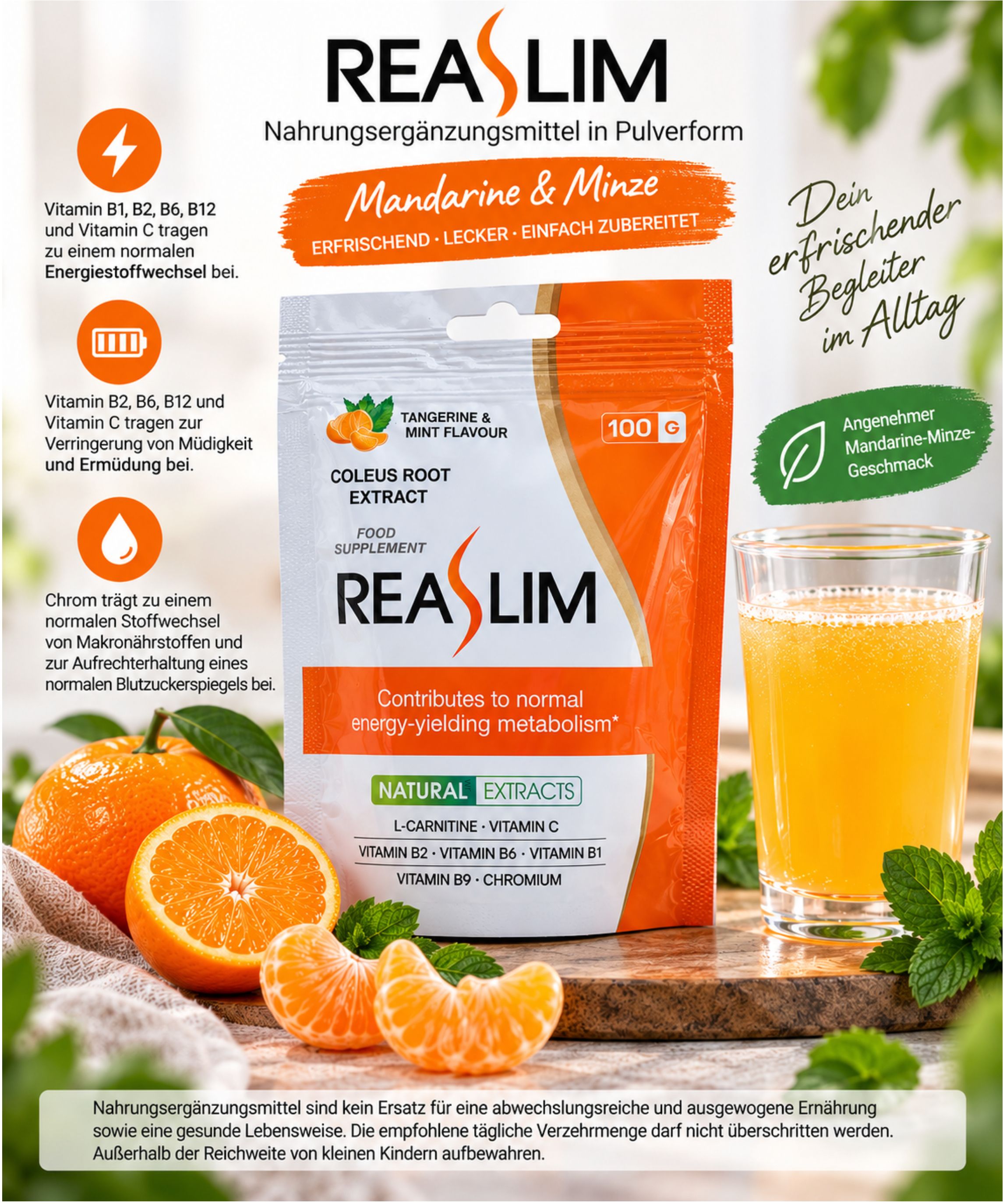 ReaSlim Beutel mit 100g Pulver, Mandarine & Minze Geschmack. Enthält Coleus-Wurzelextrakt, L-Carnitin, Vitamine.