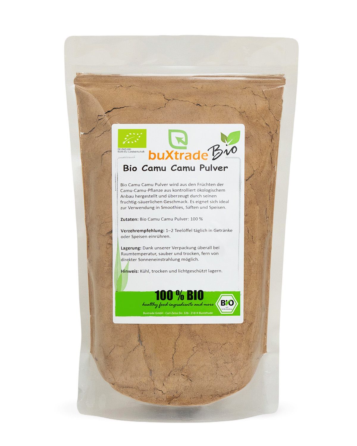 Ein Beutel buxtrade Bio Camu Camu Pulver mit Bio-Siegel und Produktinformationen.