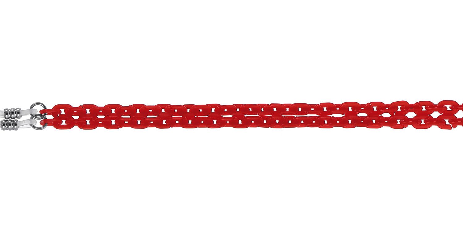 Rote Brillenkette. Geflochtenes Design. Metallenden zur Befestigung an Brillenbügeln. Auf weißem Hintergrund.