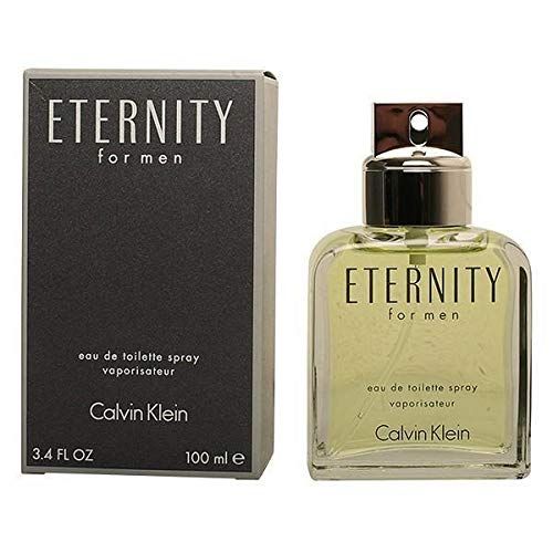 Flakon und Verpackung. Flakon: eckig, Glas, silberner Zerstäuber. Verpackung: schwarz. Aufschrift: Eternity for Men, Calvin Klein.