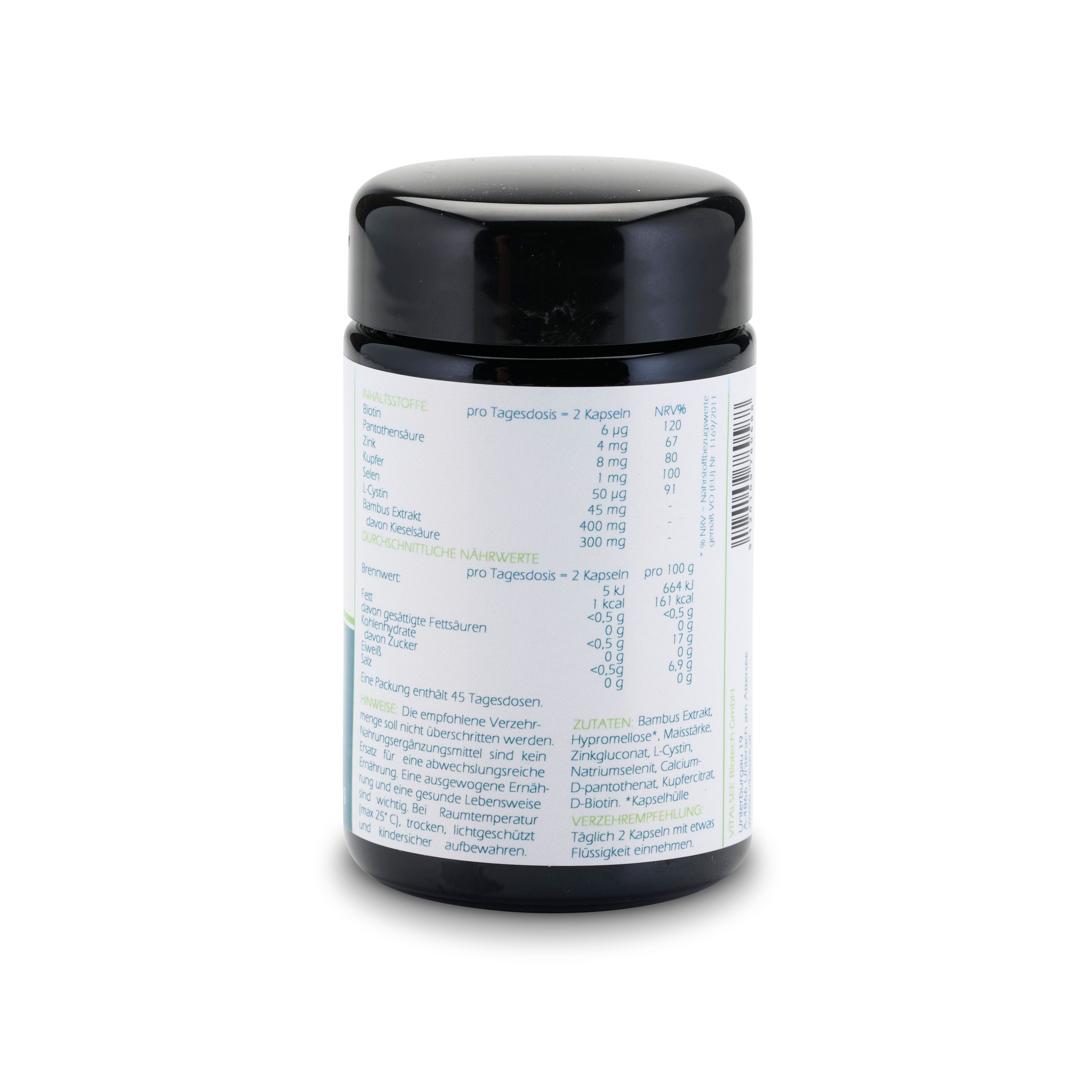 Rückseite der Dose. Enthält Informationen zu Inhaltsstoffen und Nährwerten. Text in deutscher Sprache.