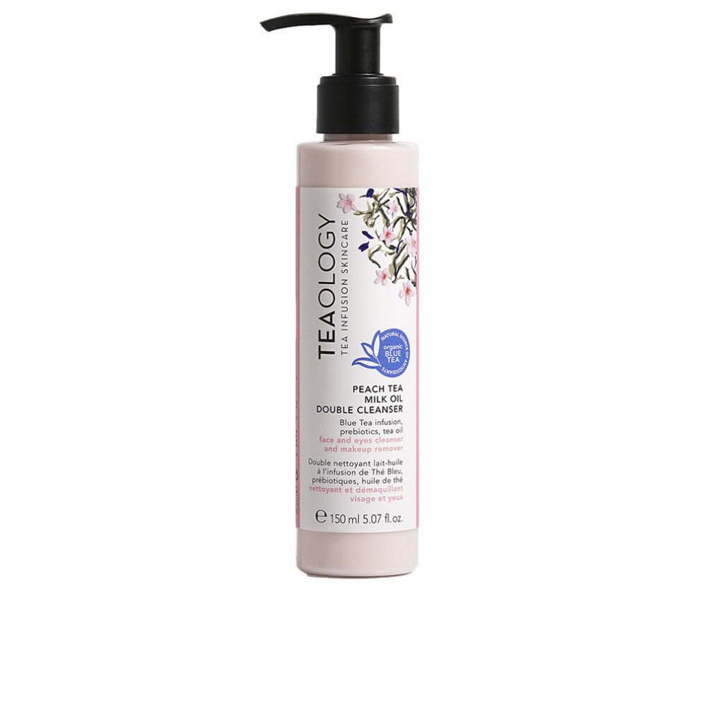 Rosa Flasche mit schwarzem Pumpkopf. Aufschrift: Teaology, Peach Tea Milk Oil Double Cleanser. Mit floralem Design und Logo.