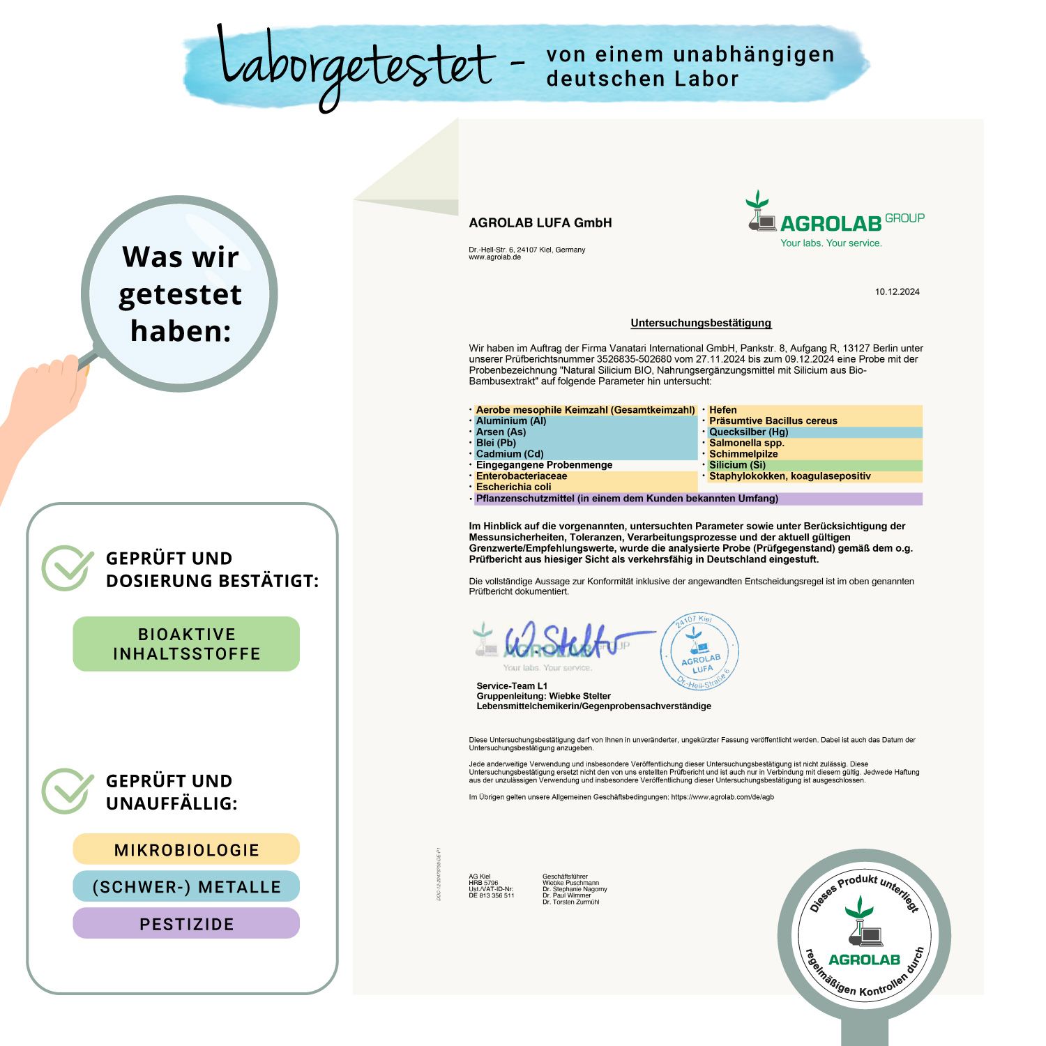 Zertifikat von AGROLAB LUFA GmbH. Bestätigung der Prüfung auf bioaktive Inhaltsstoffe, Mikrobiologie, Schwermetalle und Pestizide.