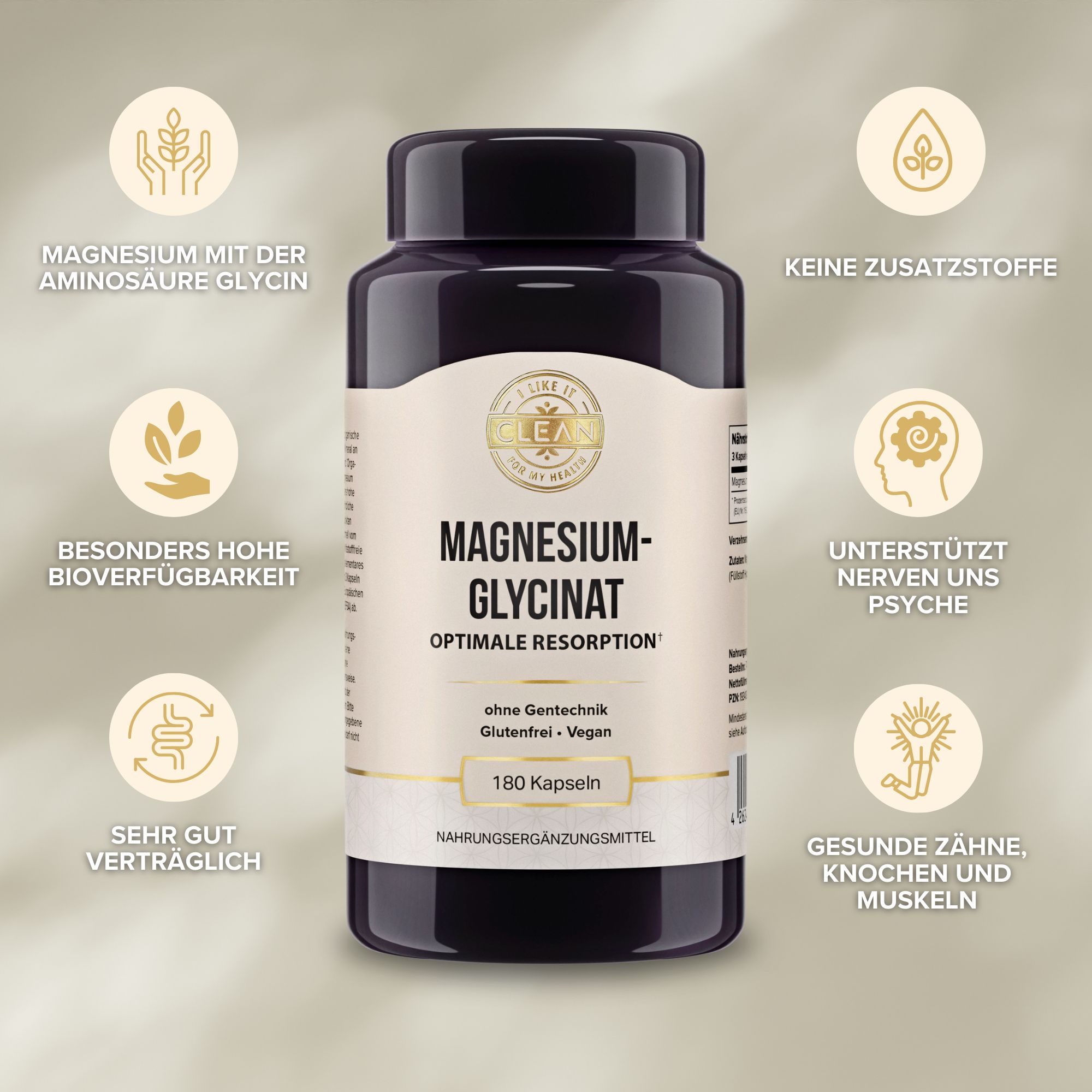 Dunkle Flasche mit Kapseln. Aufschrift: Magnesiumglycinat, 180 Kapseln, vegan, glutenfrei, ohne Gentechnik. Vorteile: hohe Bioverfügbarkeit.