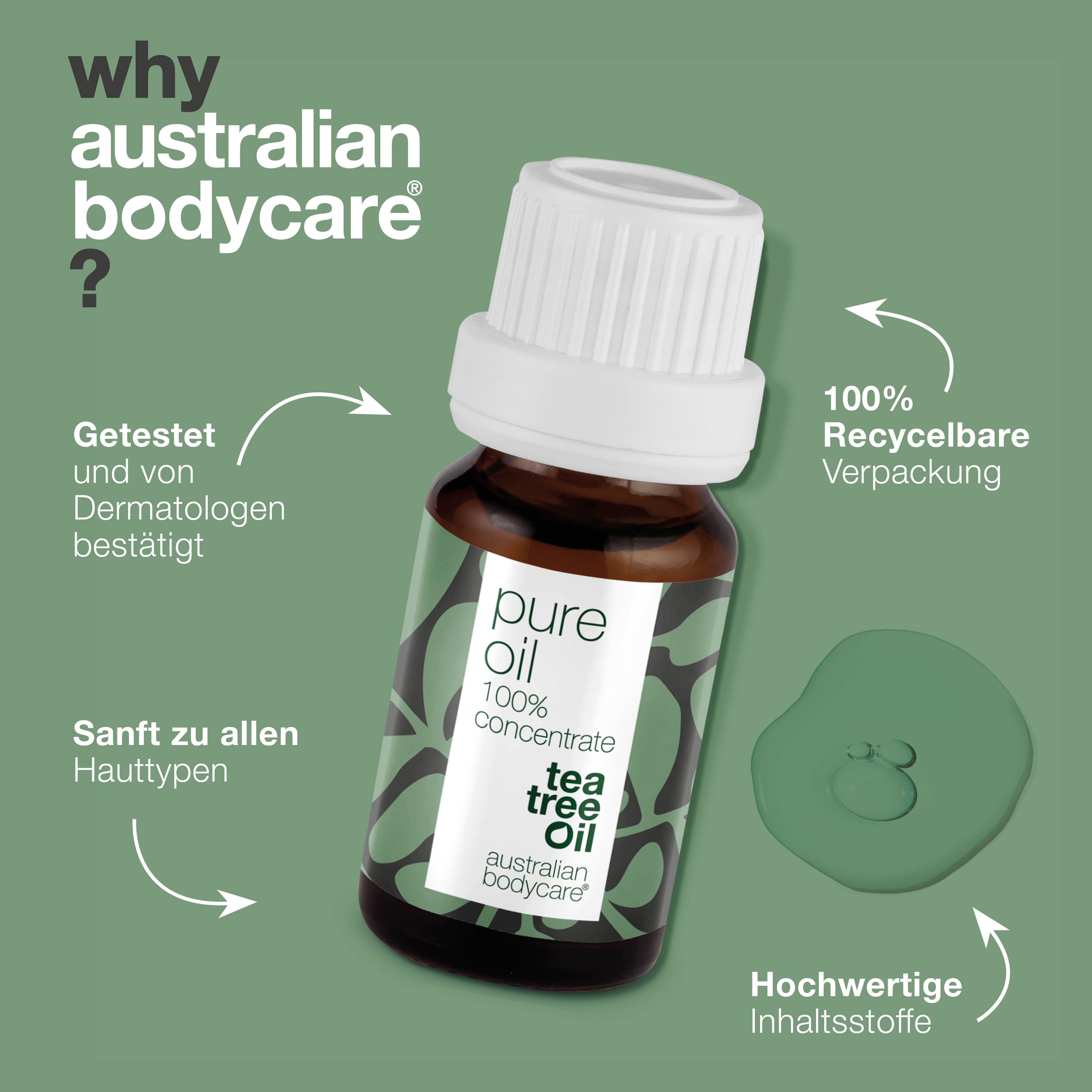 Flasche mit Text: pure oil, tea tree oil, australian bodycare. Text: Getestet und von Dermatologen bestätigt. 100% recycelbare Verpackung.