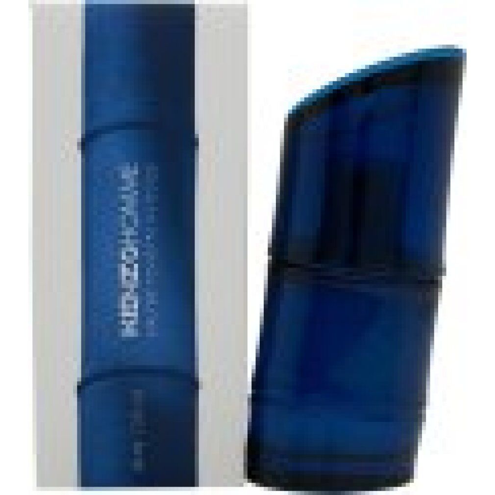 Blauer Parfümflakon und Verpackung. Flakon in Bambusform, Verpackung mit Produktnamen und Logo.