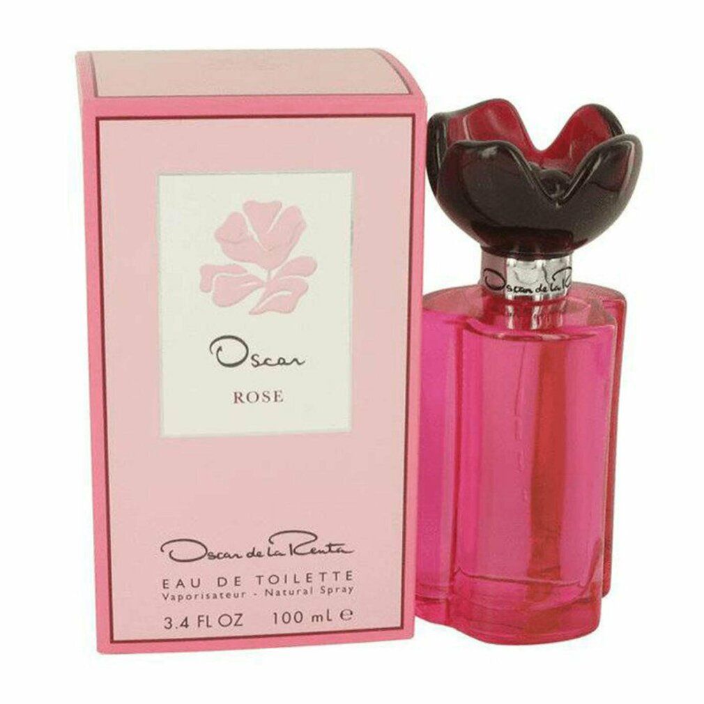 Rosa Flakon mit schwarzem Blütenverschluss und rosa Verpackung. Auf der Verpackung steht "Oscar Rose Eau de Toilette".